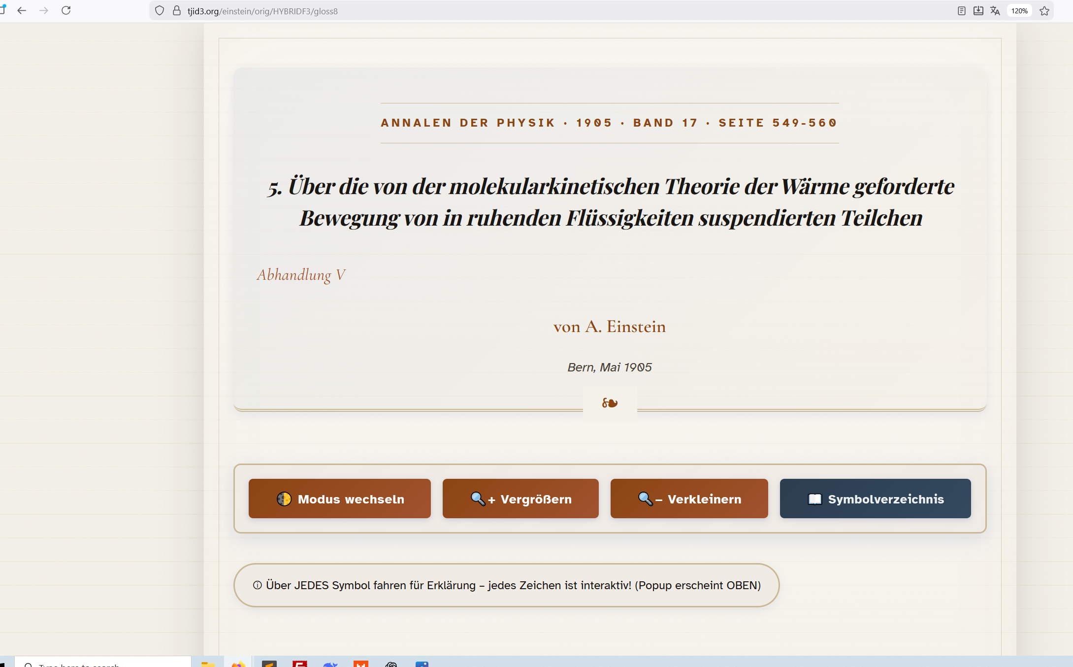 Browser rendering of gloss8.html at tjid3.org — the finished Einstein 1905 interactive document with German title, interactive symbol glossary controls, and hover tooltips
