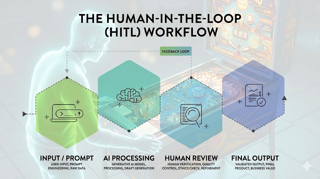 The Human-in-the-Loop (HITL) Workflow diagram showing four stages: Input/Prompt, AI Processing, Human Review, and Final Output, connected by a feedback loop