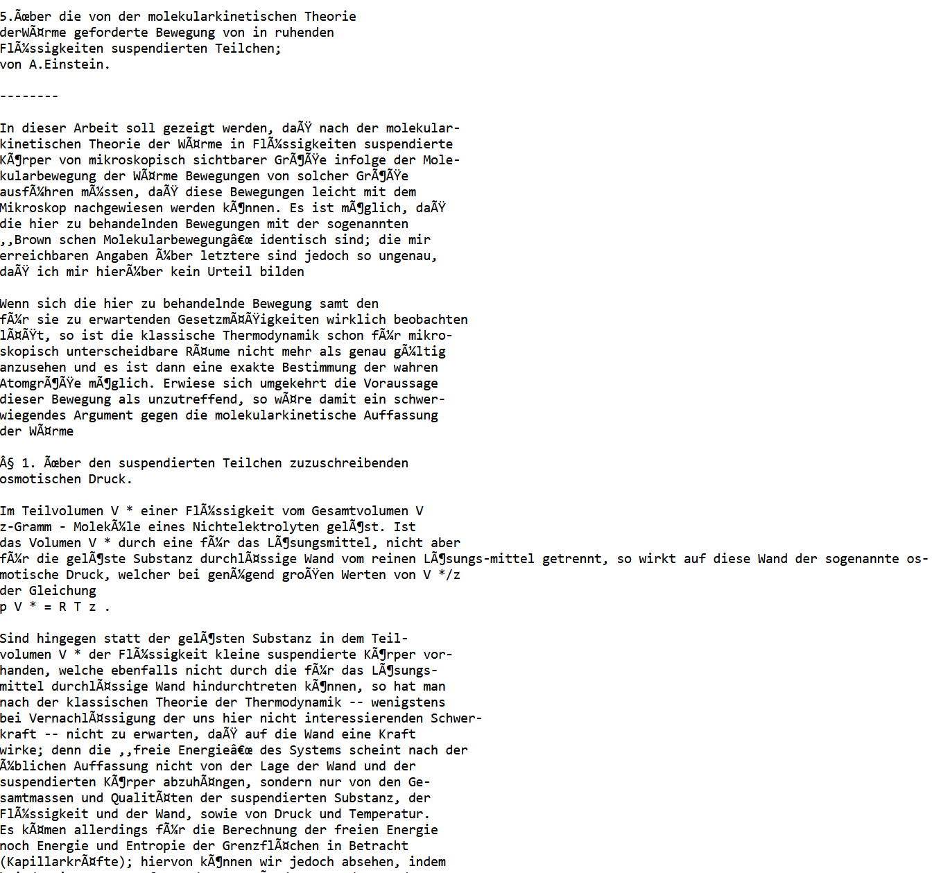 Raw OCR output from the MPIWG Berlin Einstein 1905 facsimile — garbled umlauts, fractured encodings, corrupted German text showing Ä, Ü, Ö characters rendered as ASCII noise